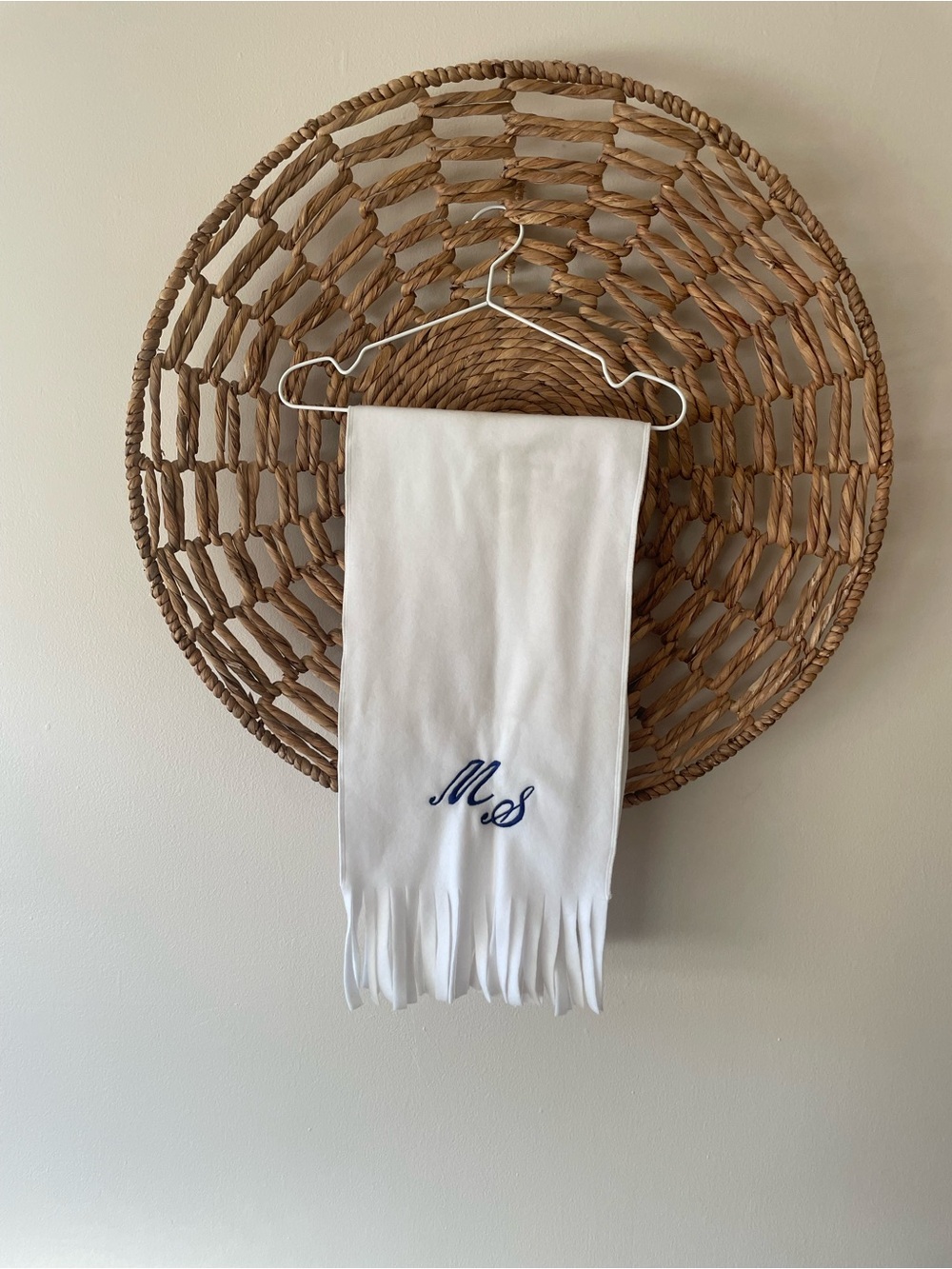 White Scarf with Blue Embroidered Monogram